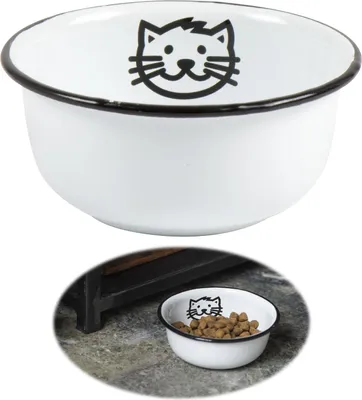 Produktbild von LS-LebenStil Vintage Fressnapf für Katzen Emaille Weiß 11x5cm Retro mit Motiv Napf Katzennapf Wassernapf Futterstation Futterbar Reisenapf klein
