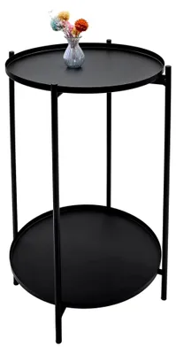 Produktbild von Runder Beistelltisch aus schwarzem Metall mit 2 Ablagen - 48 x 28 cm - Klappbarer Sofa-Tisch mit abnehmbarem Tablett