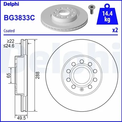 Produktbild von 2x DELPHI Bremsscheibe BG3833C für VW Golf V Schrägheck (1K1) TOURAN (1T1 1T2)
