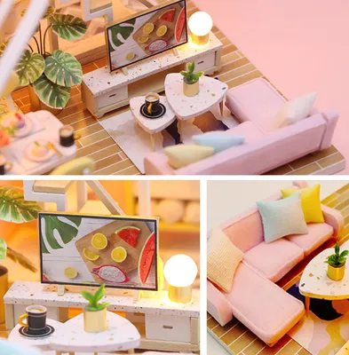 Produktbild von Puppenhaus-Miniatur-Bausatz aus Holz zum Selbermachen mit Möbeln, LED-Licht, Musik, süße Zeit