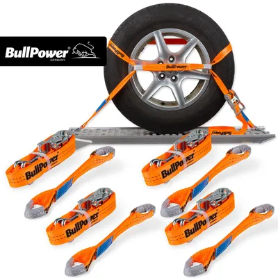 Produktbild von 4x BullPower Spanngurte AZG111 - Autotransport PKW Zurrgurte Reifengurte Transportsicherungen 35mm - LC 2000 kg / daN mit Trapezband, Ratsche und Haken
