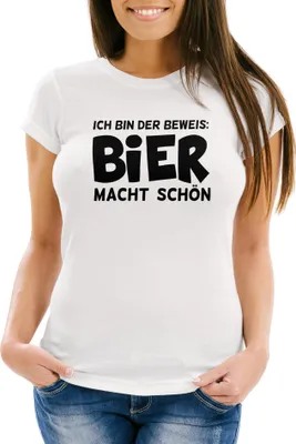 Produktbild von Damen T-Shirt Ich bin der Beweis Bier macht schön Slim Fit Moonworks® weiß XS