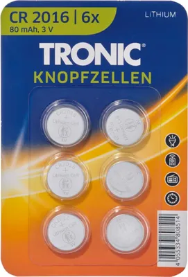 Produktbild von Tronic Lithium Knopfzellen CR2016 6er Set Batterie Akku NEU