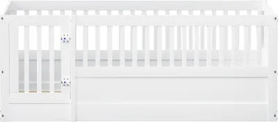 Produktbild von okwish Kinderbett Bodenbett Einzelbett Holzbett140 x 200cm, Holzbettgestell mit Gitter und Tür ohne Matratze,Weiß