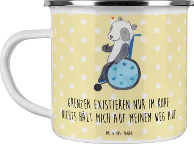 Produktbild von Mr. & Mrs. Panda Pott Panda Rollstuhl - Gelb Pastell - Geschenk, Teetasse, Haferl, emaillebecher, Kaffeepott, Emaille Tasse