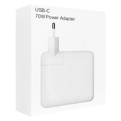 A white box with text and an image of a white USB-C power adapter.