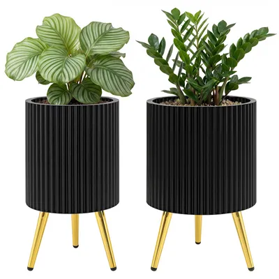 Produktbild von COSTWAY 2er Set Blumentöpfe Blumenkübel Ø35x53,5cm, runder Pflanzkübel & Hocker mit Beinen & Drainagelöchern, Pflanzgefäß Garten Metall, Schwarz+Gold