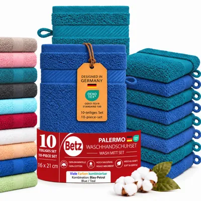Produktbild von Betz 10 Stück Waschhandschuhe 16x21 cm PALERMO 100% Baumwolle Farbe: blau / petrol