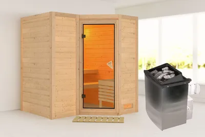 Produktbild von Karibu Sauna Innensauna Sahib 1 Eckeinstieg Ofen 9 kW integr. Strg  193x184x208 cm ohne Dachkranz mit Bronzierter Tür