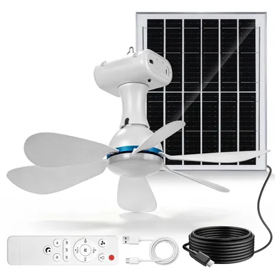 Zdjęcie produktu dla Wentylator sufitowy solarny z oświetleniem, wyposażony w panel słoneczny o mocy 13W i akumulator o pojemności 6000mAh, z 3 trybami pracy i timerem, idealny do użytku na zewnątrz, w pawilonach i szklarniach