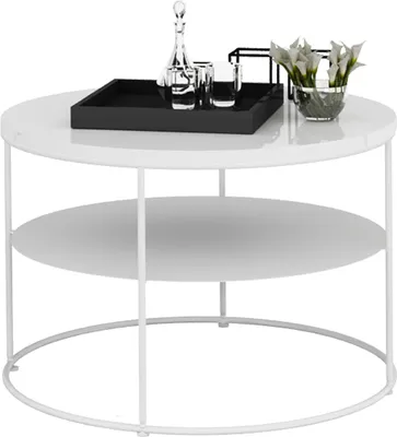 Zdjęcie produktu dla Okrągły Stolik Kawowy z Półką Loft 55 x 55 x 37 Biały+Biały Połysk