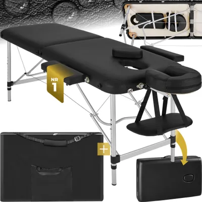 A black massage table is shown with its accessories, including a carrying case and a headrest.
