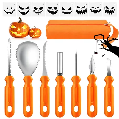 Halloween-Kürbis-Schnitzset, 7-teilig, Edelstahl, 8 Schablonen