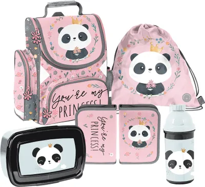 Produktbild von Schulrucksack Mädchen Jungen Motiv PANDA 5 T Set Rucksack, Federmäppchen, Schuhbeutel, Trinkflasche, Frühstückstasche Mega-Set Paso