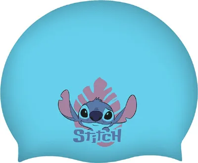 A light blue swim cap with a cartoon character and text printed on it.
