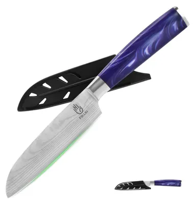 Obrázok produktu pre Nôž Fullhi Santoku, 5 palcov, kuchynský nôž, viacfarebný, z nehrdzavejúcej ocele, s fialovou rukoväťou z živice a ochranným krytom