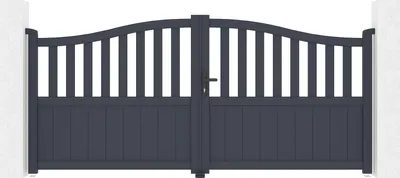 A front view of a dark gray double gate with vertical slats on the top half and solid panels on the bottom half, set against a white background.