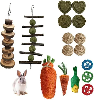 Obrázek produktu pro 16PCS hlodavců žvýkací hračky Set, Bunny Treats a míč Timothy Hay Stick Toy pro králíka králík morče činčila křeček