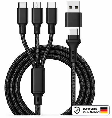 Produktbild von 3-in-1 Ladekabel Robustes Mehrfachladekabel mit USB-C Micro und iPhone Anschluss – Schwarz / 1 Pack