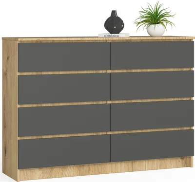 Zdjęcie produktu dla Komoda AKORD K140 Dąb Artisan 138 cm 8 szuflad kolor Grafit Szary mat 138x40x99 cm