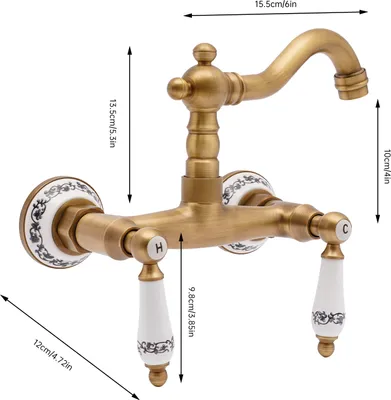 A retro-style wall-mounted faucet with double levers and decorative ceramic handles, featuring measurement annotations.