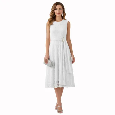 Produktbild von Damen Spitzenkleid ärmellos in Midi-Länge, elegant als Brautjungfernkleid in Weiß, Größe 38