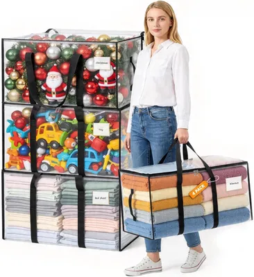 Produktbild von Umzugstaschen 90 l, 4 Stück, transparent, mit Rucksackgurten und Reißverschluss, für Umzug