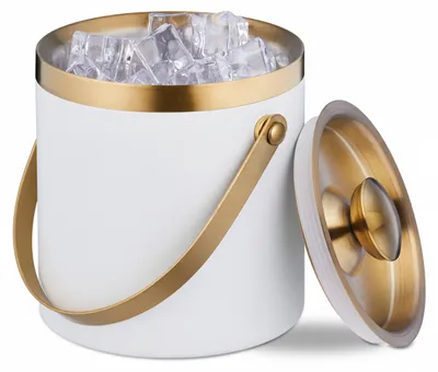 Produktbild von Relaxdays Eiswürfelbehälter, Edelstahl, doppelwandig, Eiseimer mit Deckel & Henkel, 1,5 Liter, Eiswürfelkübel, weiß/gold, KI-generiertes Bild