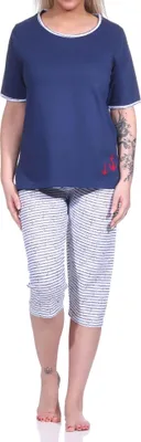 Obrázek produktu pro Capri pyžamo s krátkým rukávem, dámské pyžamo s 3/4 kalhotami v námořnickém vzhledu - 151 ; námořnická modrá , 36-38