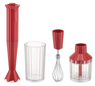 A red and clear hand mixer set with accessories on a white background.