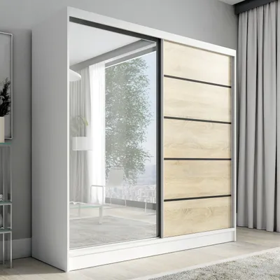 A modern sliding door wardrobe with a mirrored front and wood-effect panels, set in a room with curtains and a rug.