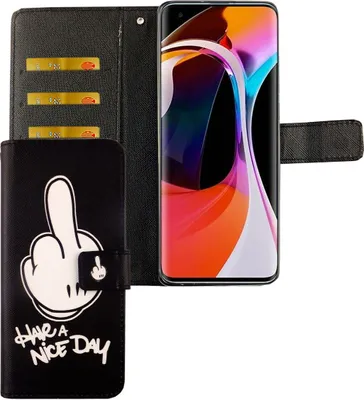 Produktbild von Xiaomi Mi 10 Tasche Handy Hülle Schutz-Cover Flip-Case mit Kartenfach, Farbe:Have A Nice Day Schwarz