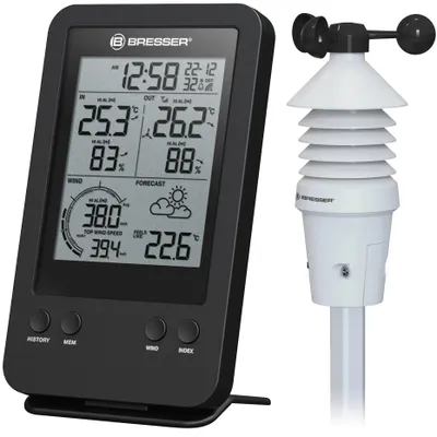 Produktbild von Bresser Optics 7002531, Schwarz, Anemometer (Windgeschwindigkeit), Innen-Hygrometer, Innen-Thermometer, Außen-Hygrometer,..., Hygrometer, Thermometer, Hygrometer, Thermometer, km/h, 868 MHz