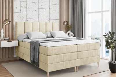 Produktbild von ALTDECOR Boxspringbett mit Holz Füßen, Matratze und Lattenrost, Topper, Polsterbett mit Bettkasten, Bett mit Stauraum H3- und H4- Matratze, Doppelbett -BOXI1-FD KING-140x200 - Beige Casablanca