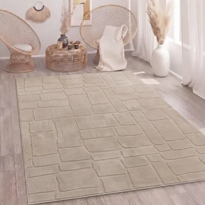 Produktbild von Paco Home Teppich Wohnzimmer Hochflor Skandi Boho Geometrisch Abstrakt Uni Waschbar 120x160 cm