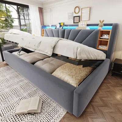 Imagen del producto de Sofá cama de 90x200 cm, con estructura tapizada y espacio de almacenamiento hidráulico, respaldo con reposacabezas y compartimentos de almacenamiento, iluminación LED y puerto USB, tapizado en terciopelo color gris oscuro