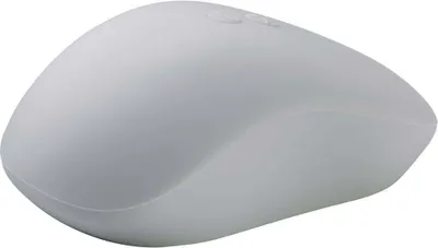A white computer mouse is shown from a side angle on a white background.