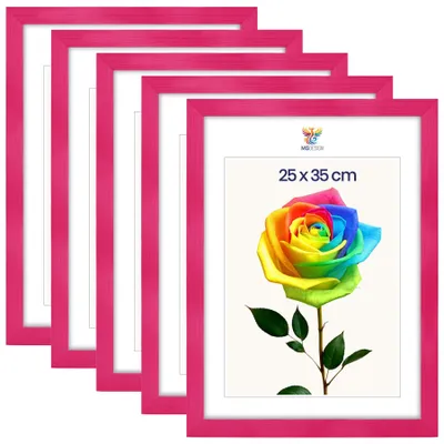 Produktbild von MG Design 5er Set Bilderrahmen 25 x 35 cm - Fotorahmen mit Rosa Echtholzrahmen und bruchsicherem Acrylglas, Hoch & Quer zum Aufhängen, zum Aufstellen