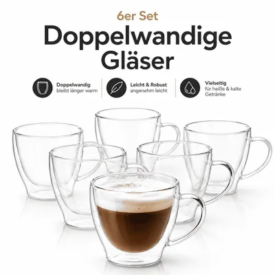 Produktbild von 6 Kaffeetassen Doppelwandig Espressotassen Set Espresso Kaffee Mokka Glas Gläser