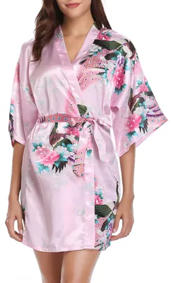 Obrázek produktu pro Saténový župan Vlazom Kimono, krátký model, s výstřihem do V, s páskem
