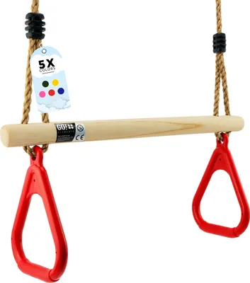 A children's swing set with red triangular handles and a wooden bar, suspended by ropes.