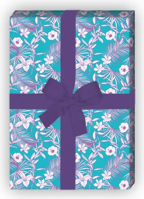 Produktbild von Vintage Sommer Geschenkpapier mit Retro Hawaii Blumen, blau zum Einpacken - G11607, 32 x 48cm