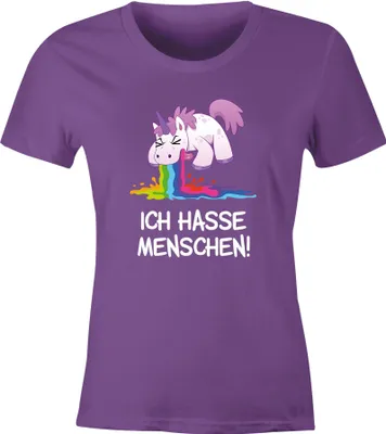 Produktbild von Damen T-Shirt Spruch Ich hasse Menschen kotzendes Einhorn Frauen Fun-Shirt lustig Moonworks® lila L