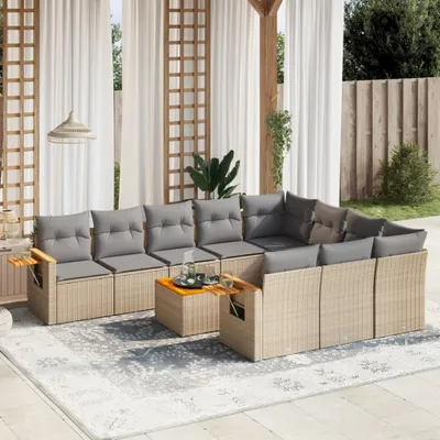 Produktbild von Design 11-tlg. Garten-Sofagarnitur mit Kissen Beige Poly Rattan, Gartenmöbel-Sets 2024 Neu