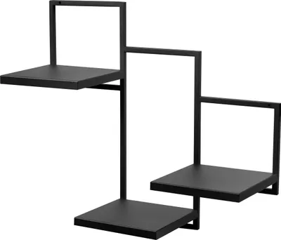 A black metal plant stand with three staggered shelves.