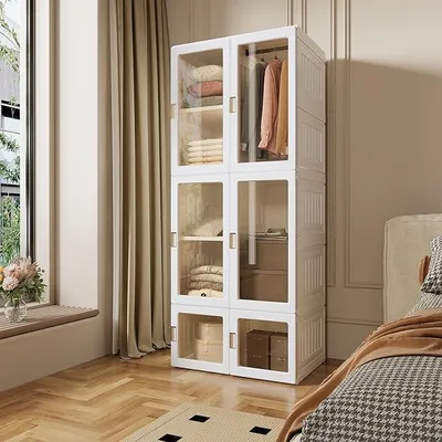 Productafbeelding van Moderne garderobe, 69 x 170 x 50 cm, met 10 vakken, 6 deuren en 1 stang, opvouwbare multifunctionele kast, gemaakt van PP-materiaal, geschikt voor woonkamer en slaapkamer, wit