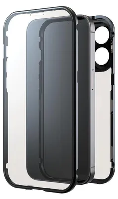A transparent phone case with a dark gray frame is shown, with a dark gray smartphone inside.