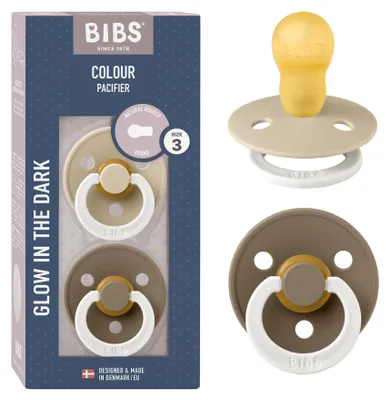 Produktbild von BIBS Colour Glow Schnuller, 18-48 Monate, 2er-Pack, Runder Sauger, Vanilla /Dark Oak