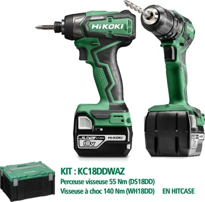 Image de Pack de 2 outils Perceuse Visseuse 55 Nm + Visseuse à choc 140 Nm HIKOKI KC18DDWAZ 18V 5Ah Brushless avec 2 Batteries et HitCase