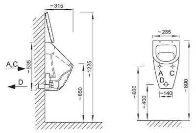 AUP 33 Urinal SUBWAY mit Deckel und eingebautem automatischem IQ-Spüler technische Zeichnung